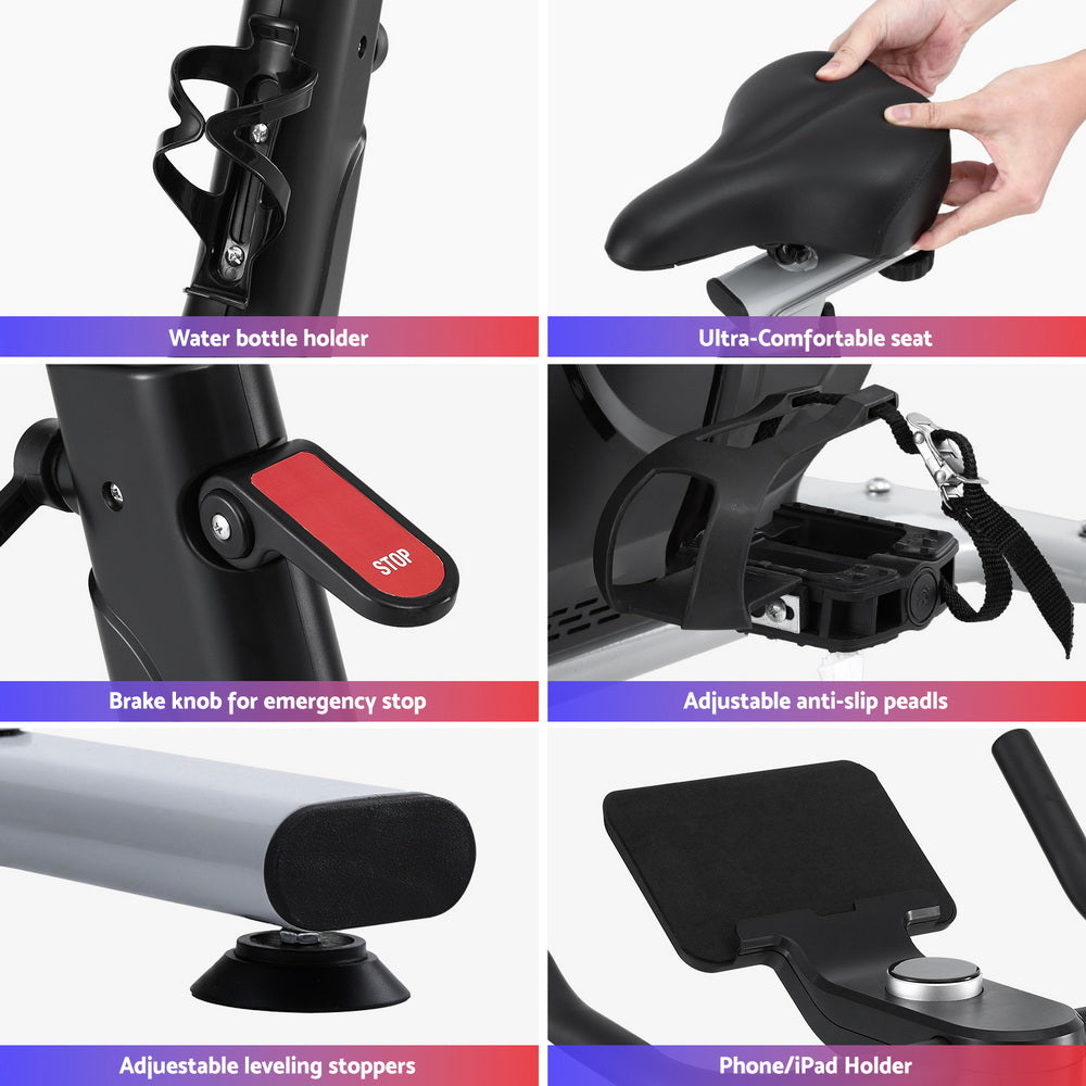 Everfit exercise spin bike by Hlpmedical featuring electromagnetic resistance, Bluetooth, 24-levels, and a 120kg weight capacity.