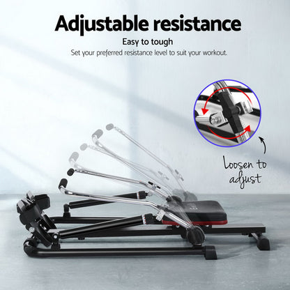 Everfit rowing machine by Hlpmedical with 12 hydraulic resistance levels, ideal for home cardio and fitness workouts.