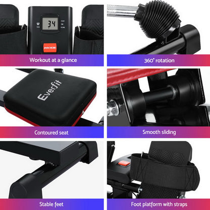 Everfit hydraulic rowing machine with 12 levels for home gym cardio workouts, featuring a sturdy design for fitness and exercise.