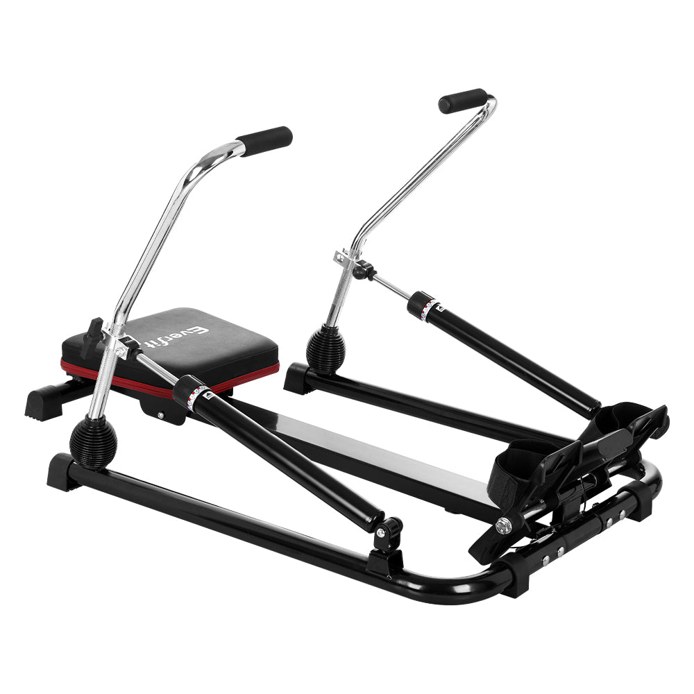 Everfit hydraulic rowing machine with 12 levels, compact gym equipment for home cardio and full-body workout.