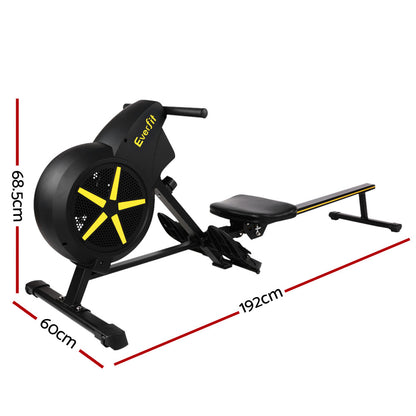 Hlpmedical Everfit Air Rowing Machine for home cardio workout, featuring adjustable resistance and digital display for full-body exercise.