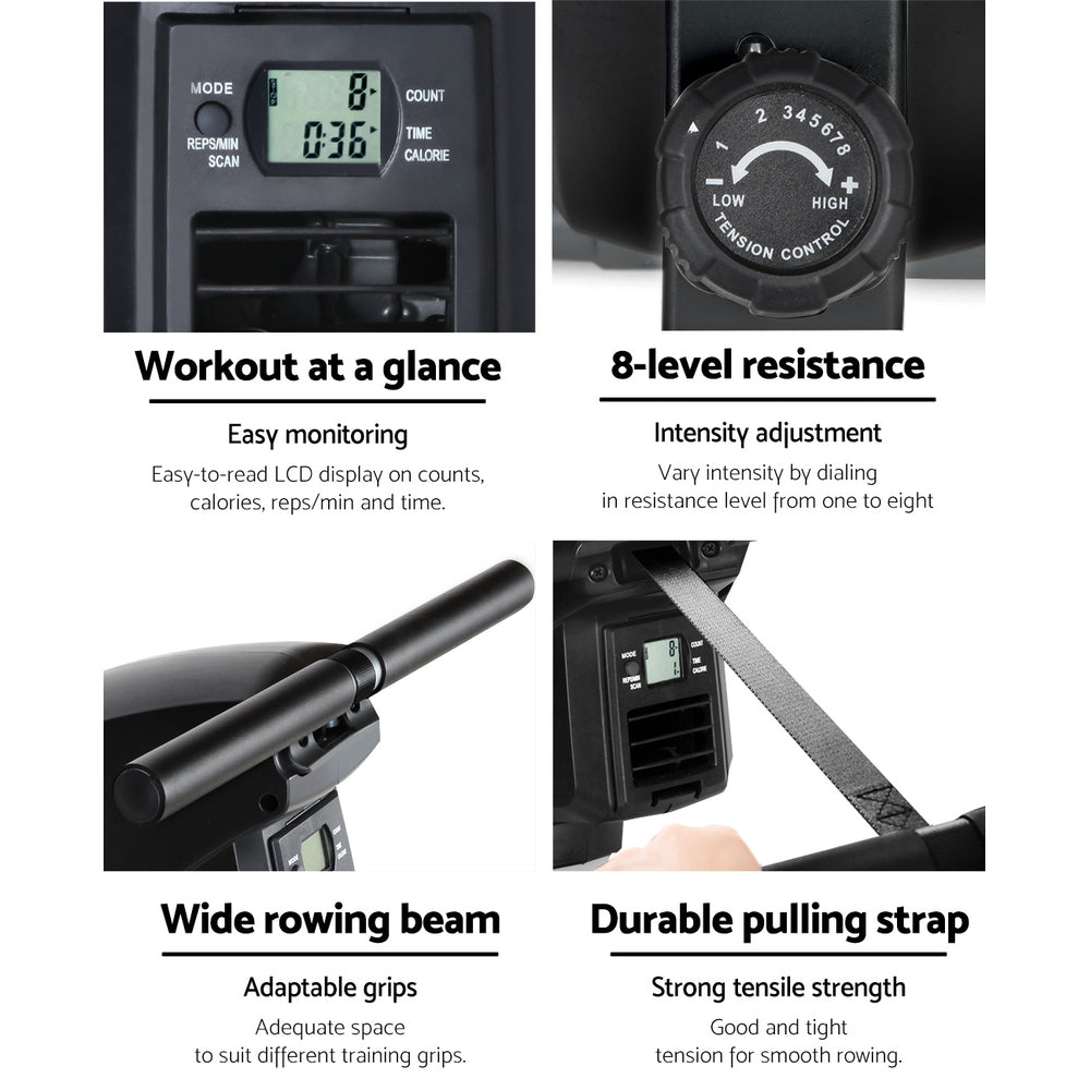 Hlpmedical Everfit rowing machine air rower for home gym cardio exercise, featuring adjustable resistance and digital display.