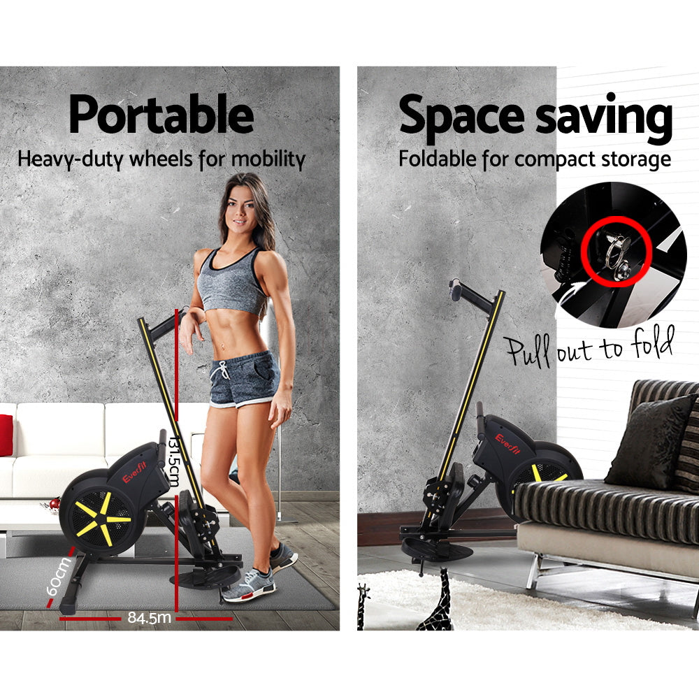 Hlpmedical Everfit Air Rowing Machine for exercise, fitness, and cardio workouts at home or gym, featuring adjustable resistance and ergonomic design.