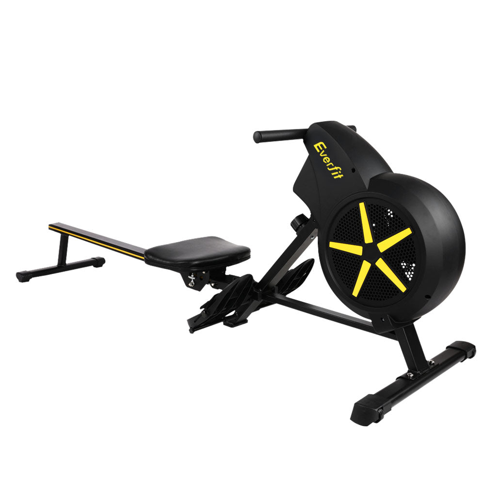 Hlpmedical Everfit rowing machine air rower for exercise and cardio workouts in home gym, with adjustable resistance and digital display.