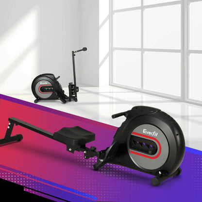 Everfit rowing machine with elastic rope resistance for home cardio workouts, black fitness equipment for exercise and fitness.