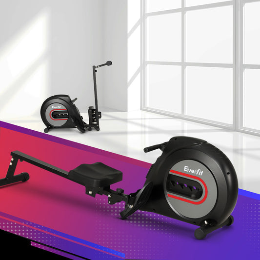 Everfit rowing machine with elastic rope resistance for home cardio workouts, black fitness equipment for exercise and fitness.
