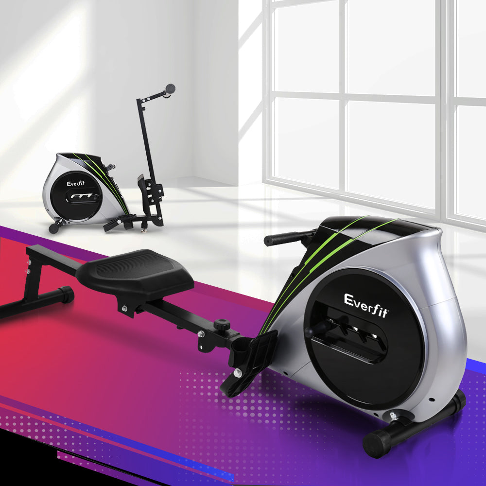 Everfit rowing machine with elastic rope resistance for home cardio workouts, silver color, by Hlpmedical.