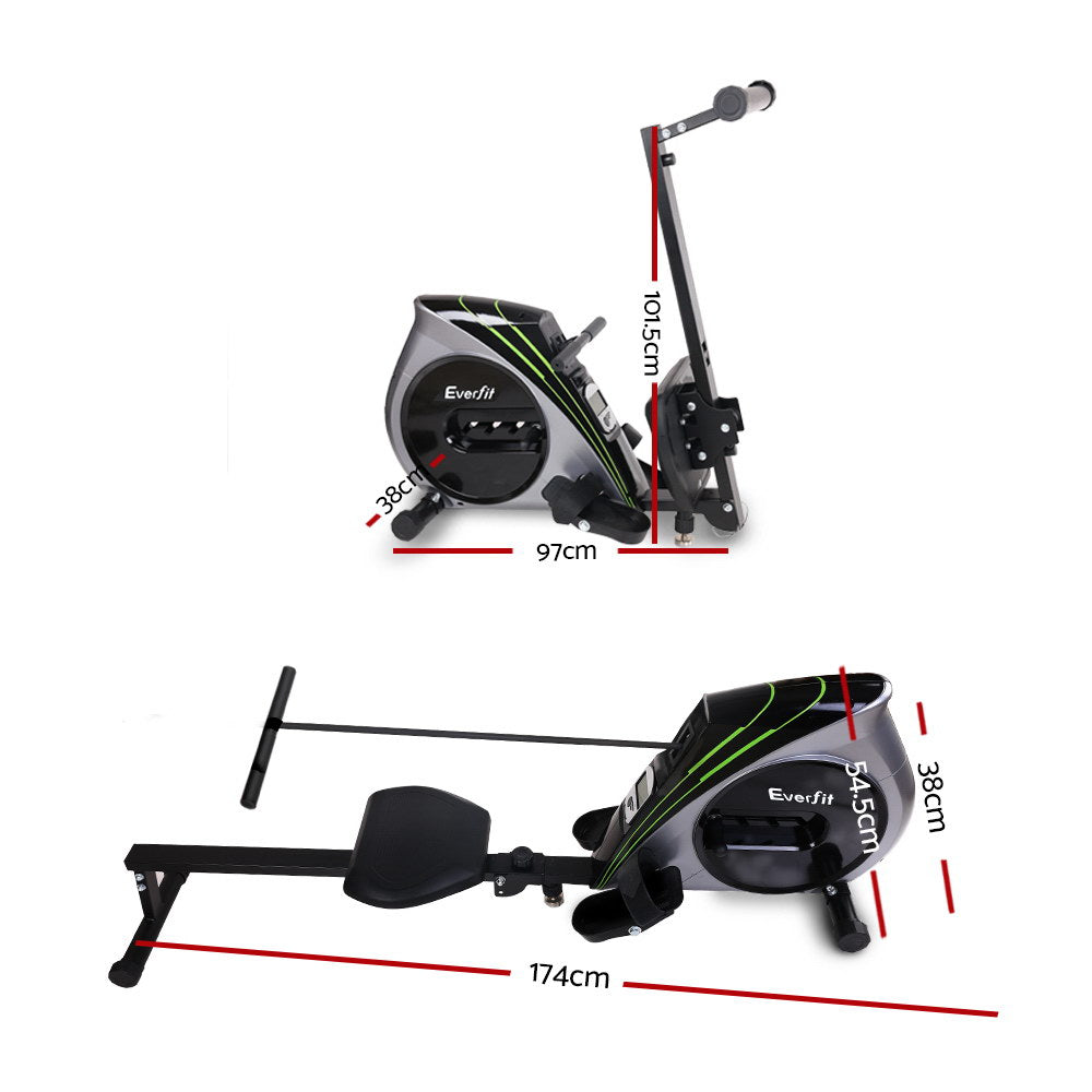 Everfit rowing machine with elastic rope resistance for home cardio workouts, silver finish, ideal for fitness and exercise routines.