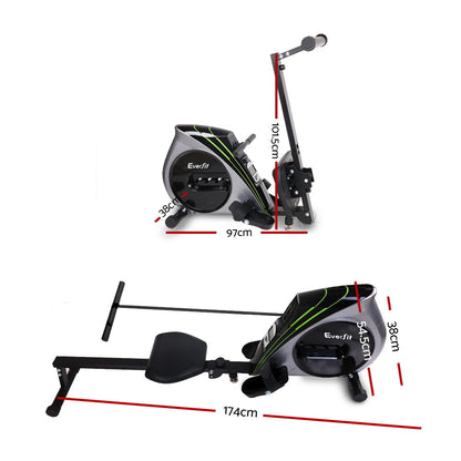 Everfit rowing machine with elastic rope resistance for home cardio workouts, silver finish, ideal for fitness and exercise routines.
