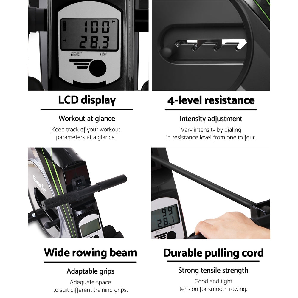 Everfit rowing machine with elastic rope resistance for home cardio workouts, silver finish, ideal for fitness and exercise routines.
