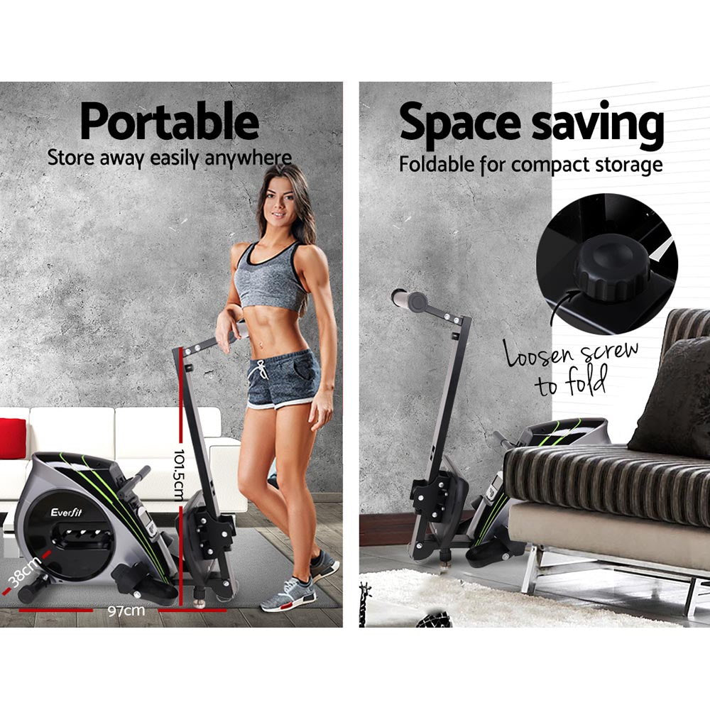 Everfit rowing machine with elastic rope resistance for home cardio workouts, silver finish, ideal for fitness and exercise routines.