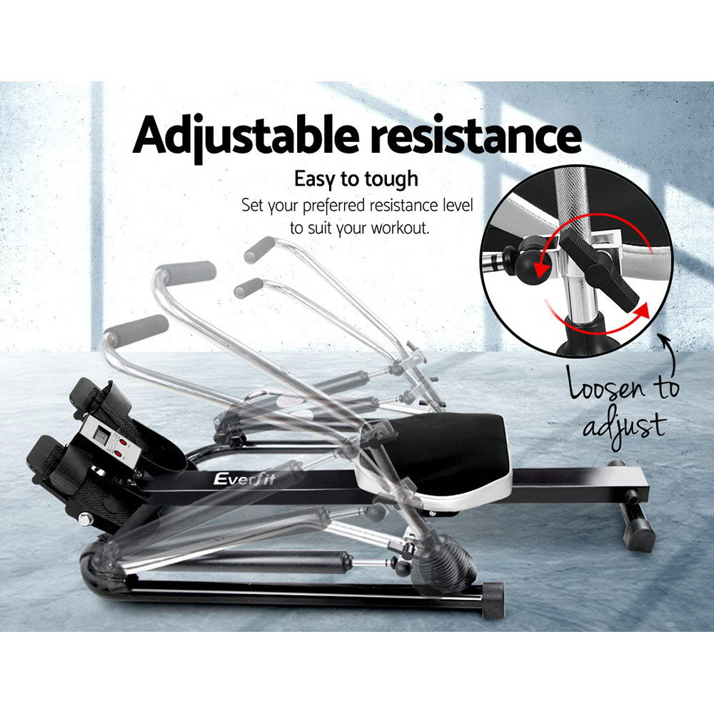 Everfit rowing machine by Hlpmedical with hydraulic resistance for home gym cardio workouts, featuring adjustable handles and seat.