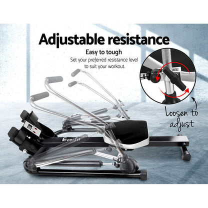 Everfit rowing machine by Hlpmedical with hydraulic resistance for home gym cardio workouts, featuring adjustable handles and seat.