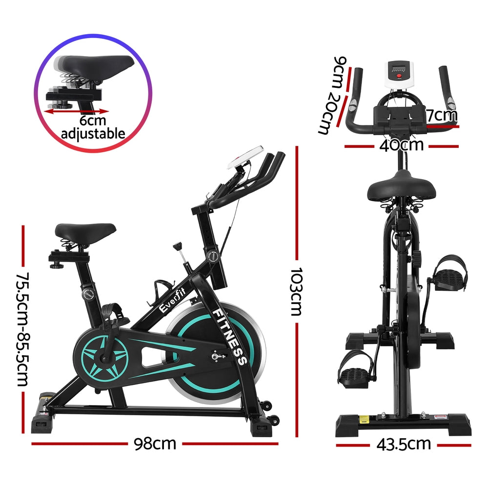 Everfit Spin Bike by Hlpmedical with 10kg flywheel, sturdy frame, digital display, and 150kg capacity for home gym workouts.