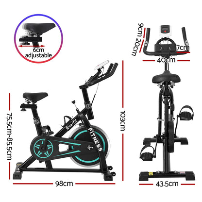 Everfit Spin Bike by Hlpmedical with 10kg flywheel, sturdy frame, digital display, and 150kg capacity for home gym workouts.