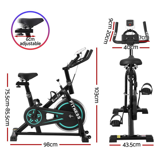 Everfit Spin Bike by Hlpmedical with 10kg flywheel, sturdy frame, digital display, and 150kg capacity for home gym workouts.