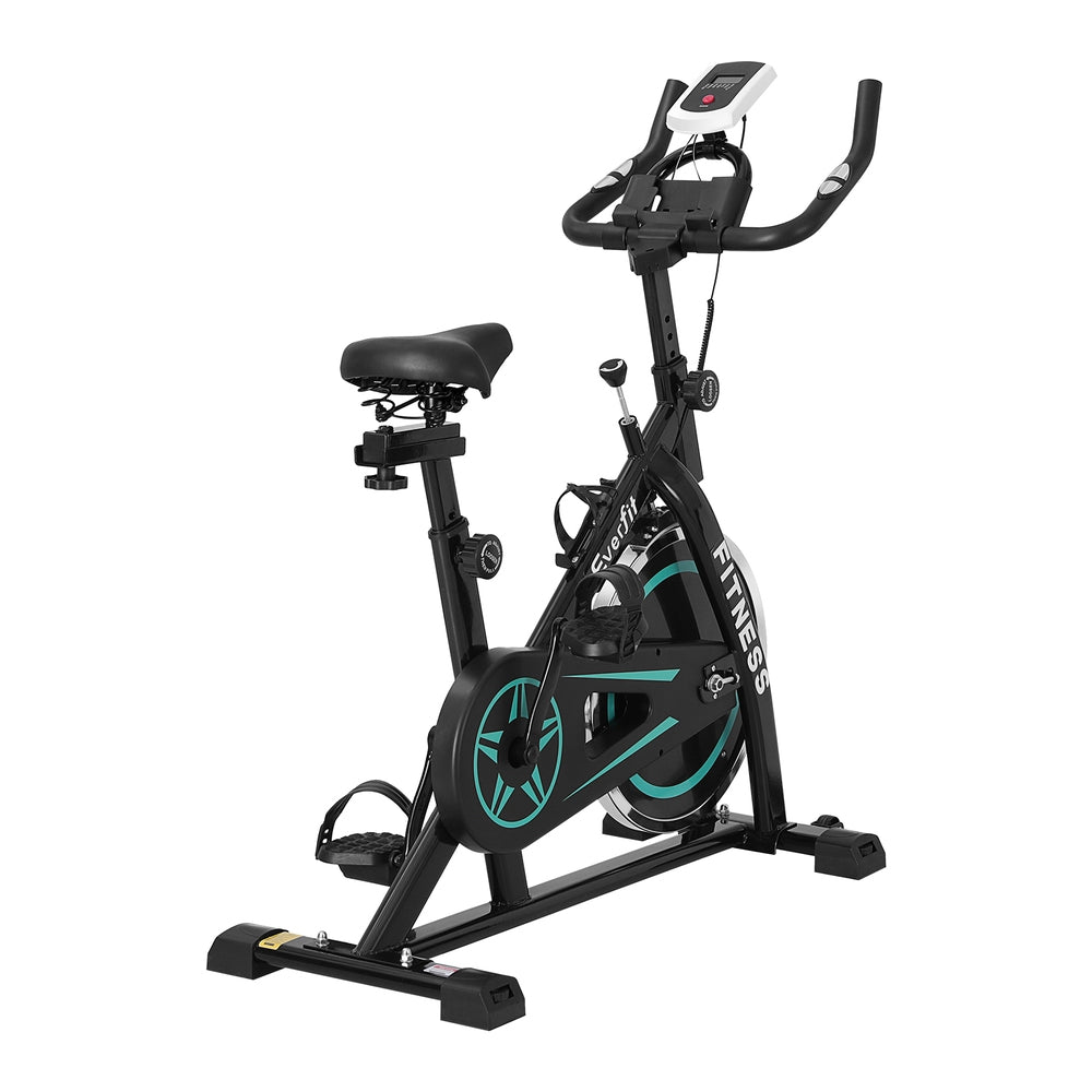 Everfit spin bike with 10kg flywheel, sturdy frame, digital display, ideal for home gym workouts, supports up to 150kg capacity.