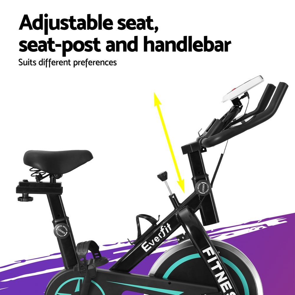 Everfit Spin Bike by Hlpmedical with 10kg flywheel, sturdy frame, digital display, and 150kg weight capacity for home gym workouts.