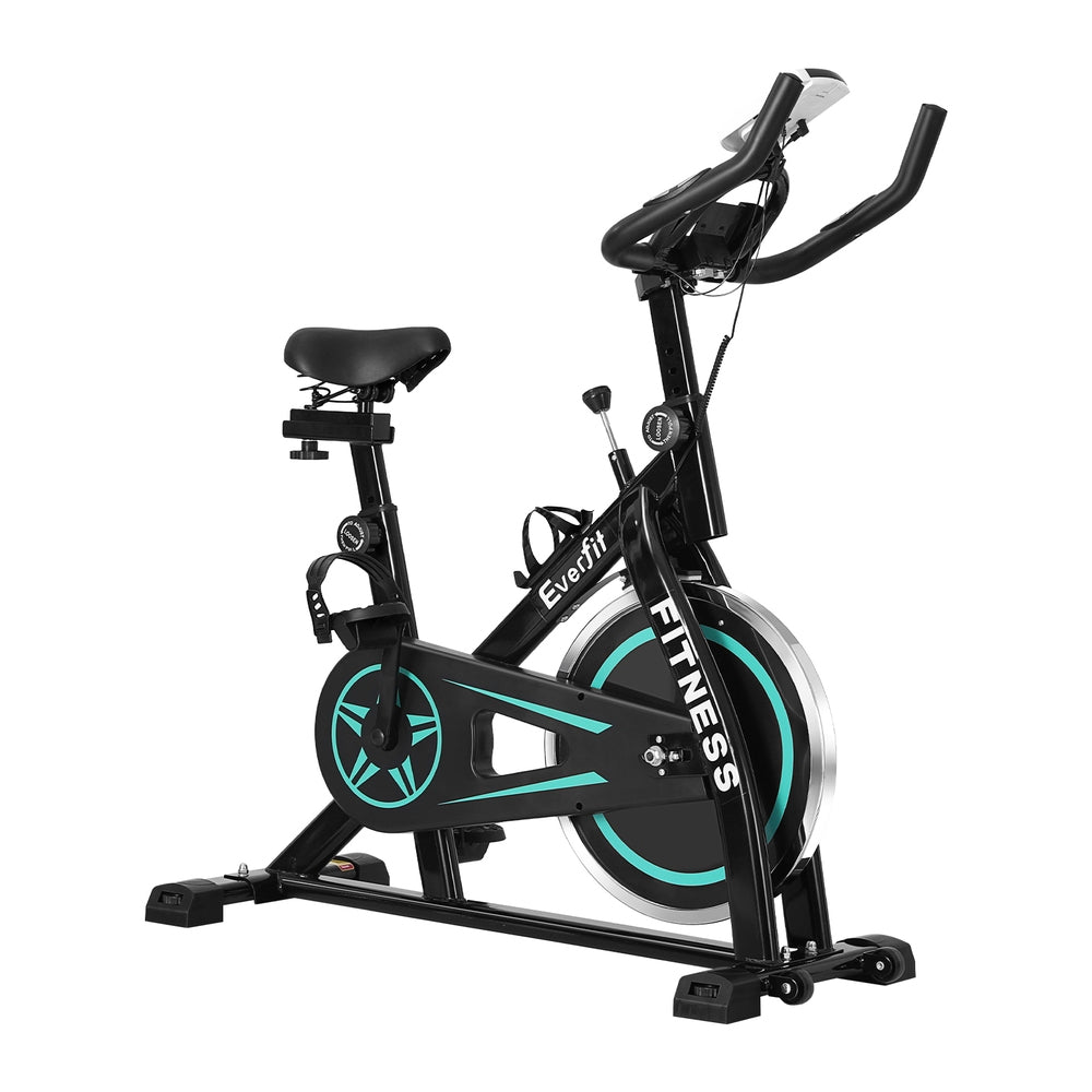 Everfit Spin Bike exercise bike with 10kg flywheel, sturdy home gym design, black frame, and 150kg weight capacity.