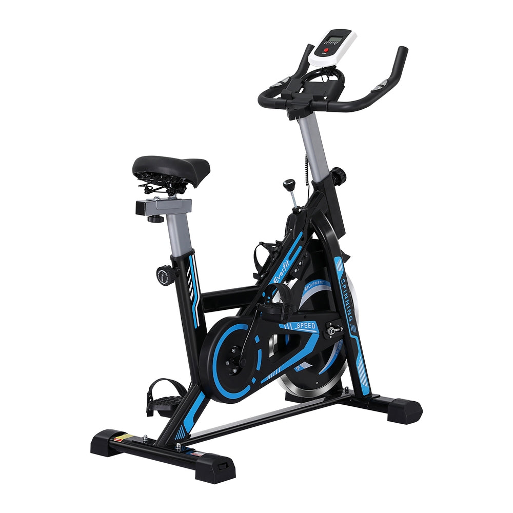 Everfit Spin Bike by Hlpmedical with 13kg flywheel, sturdy gym frame, suitable for up to 150kg weight capacity, for indoor exercise.