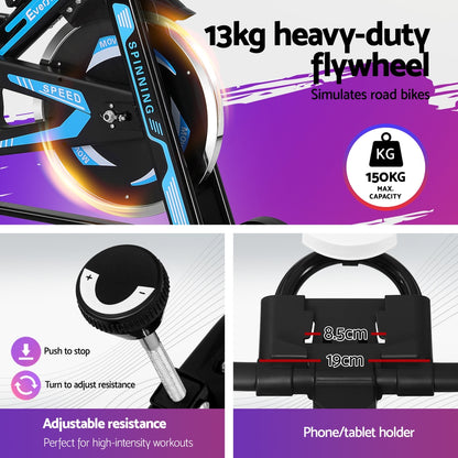 Everfit Spin Bike by Hlpmedical with 13kg flywheel, sturdy gym design, suitable for fitness enthusiasts up to 150kg capacity.