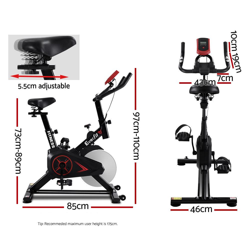 Hlpmedical Everfit Spin Bike with adjustable flywheel for home gym cycling workouts, featuring a sturdy frame and ergonomic design.