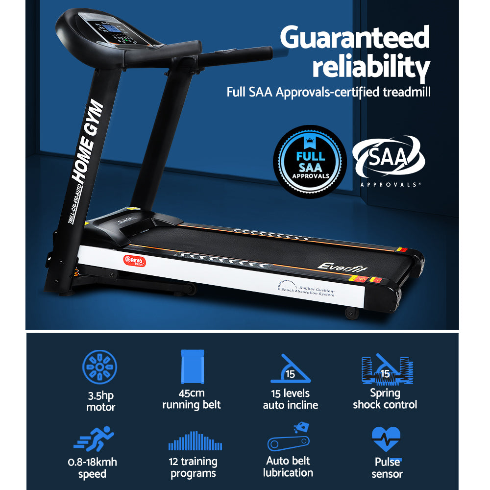 Everfit electric treadmill with auto incline, 450mm belt width, for home gym workouts, by Hlpmedical.