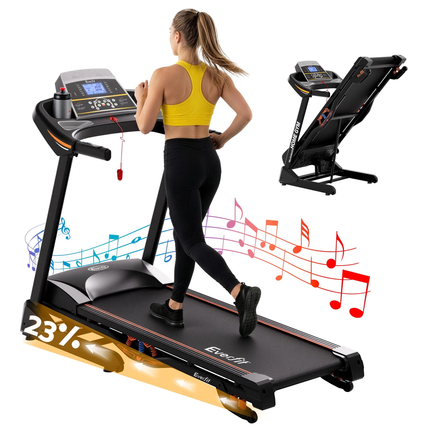 Everfit electric treadmill with auto incline, Hlpmedical home gym fitness equipment, 480mm wide running surface for exercise and cardio.