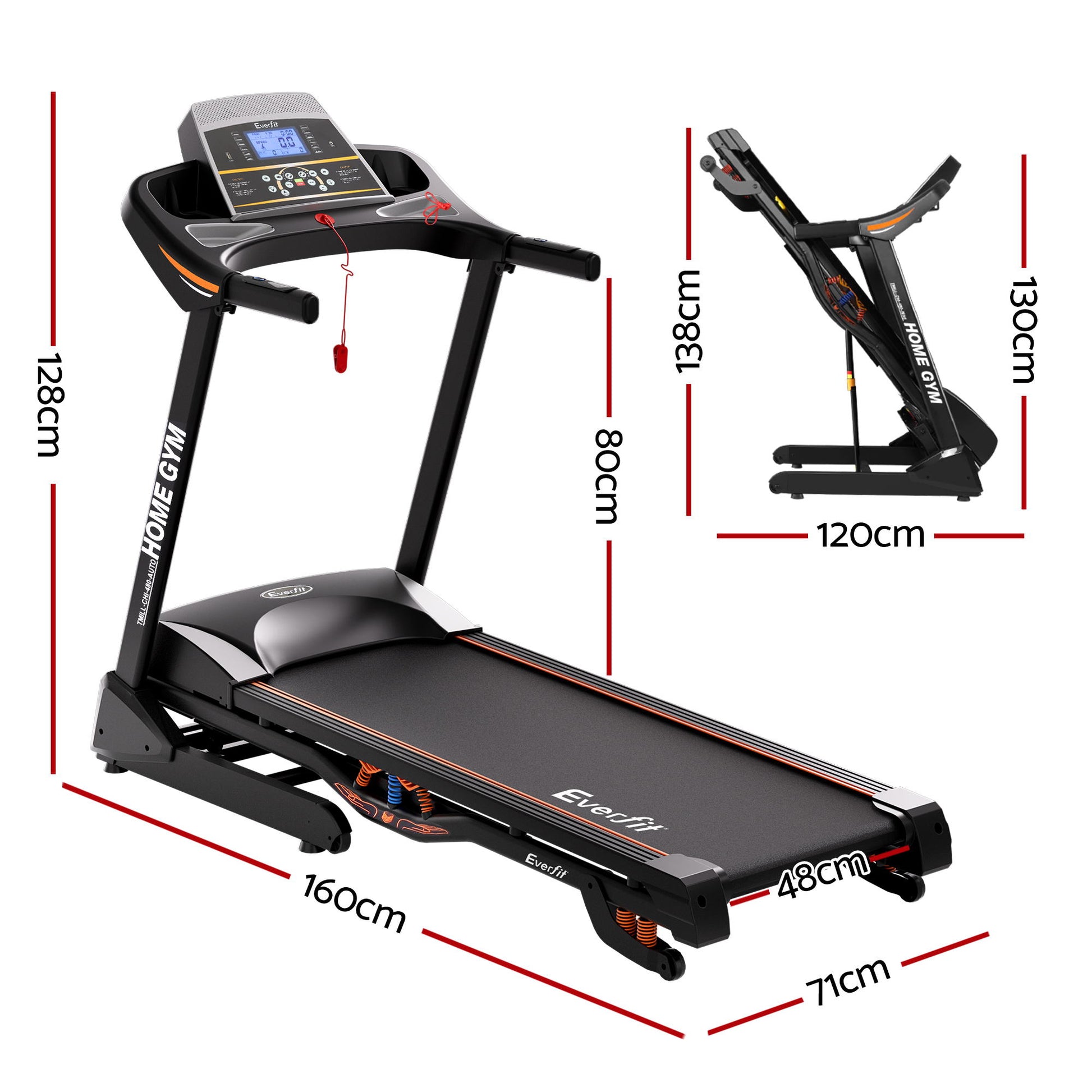 Everfit electric treadmill with auto incline, home gym fitness machine, featuring a 480mm belt for cardio exercise.