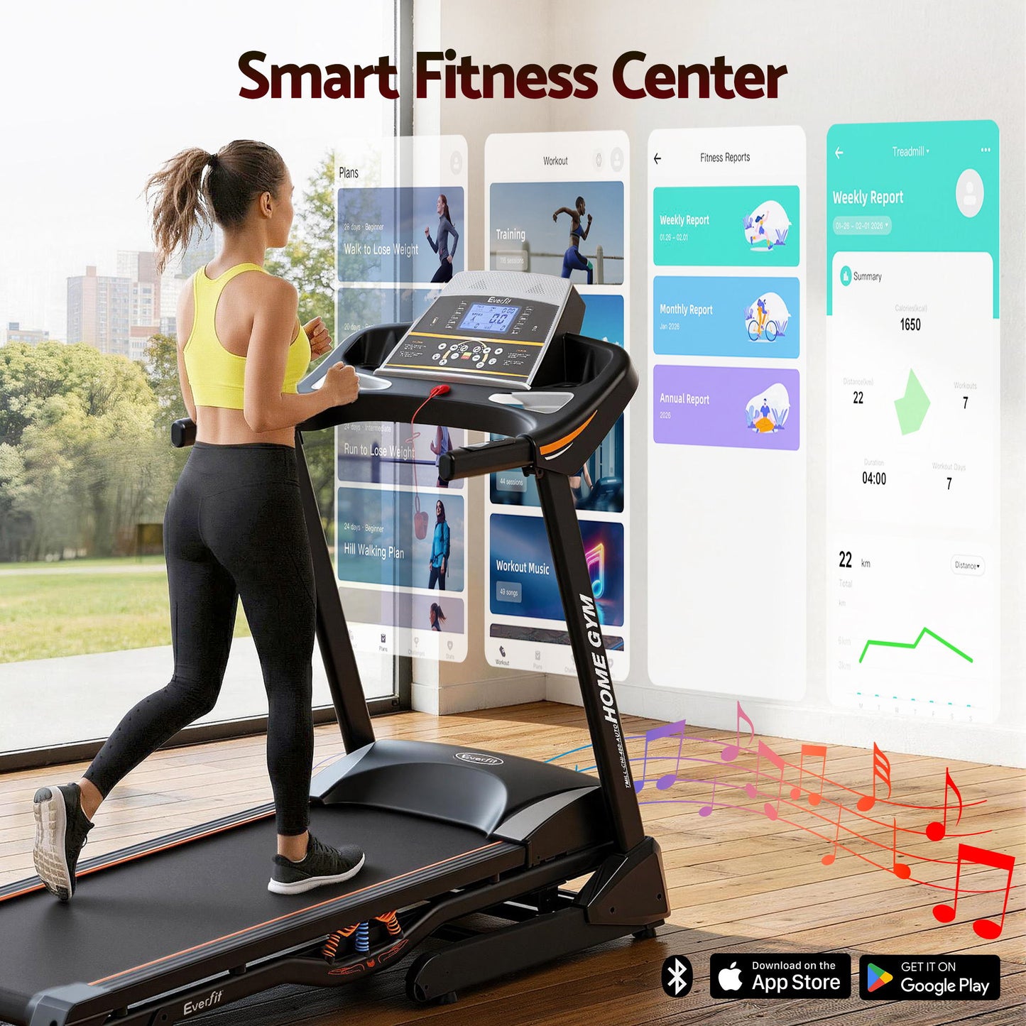 Everfit electric treadmill by Hlpmedical featuring auto incline and a 480mm running surface for home gym cardio workouts.