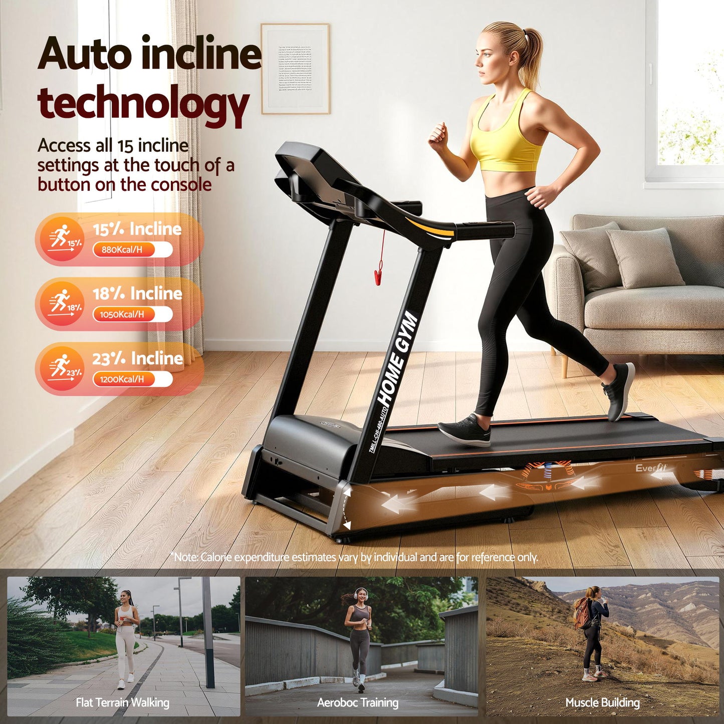 Hlpmedical Everfit treadmill with electric auto incline for home gym workouts, featuring a 480mm wide running surface.