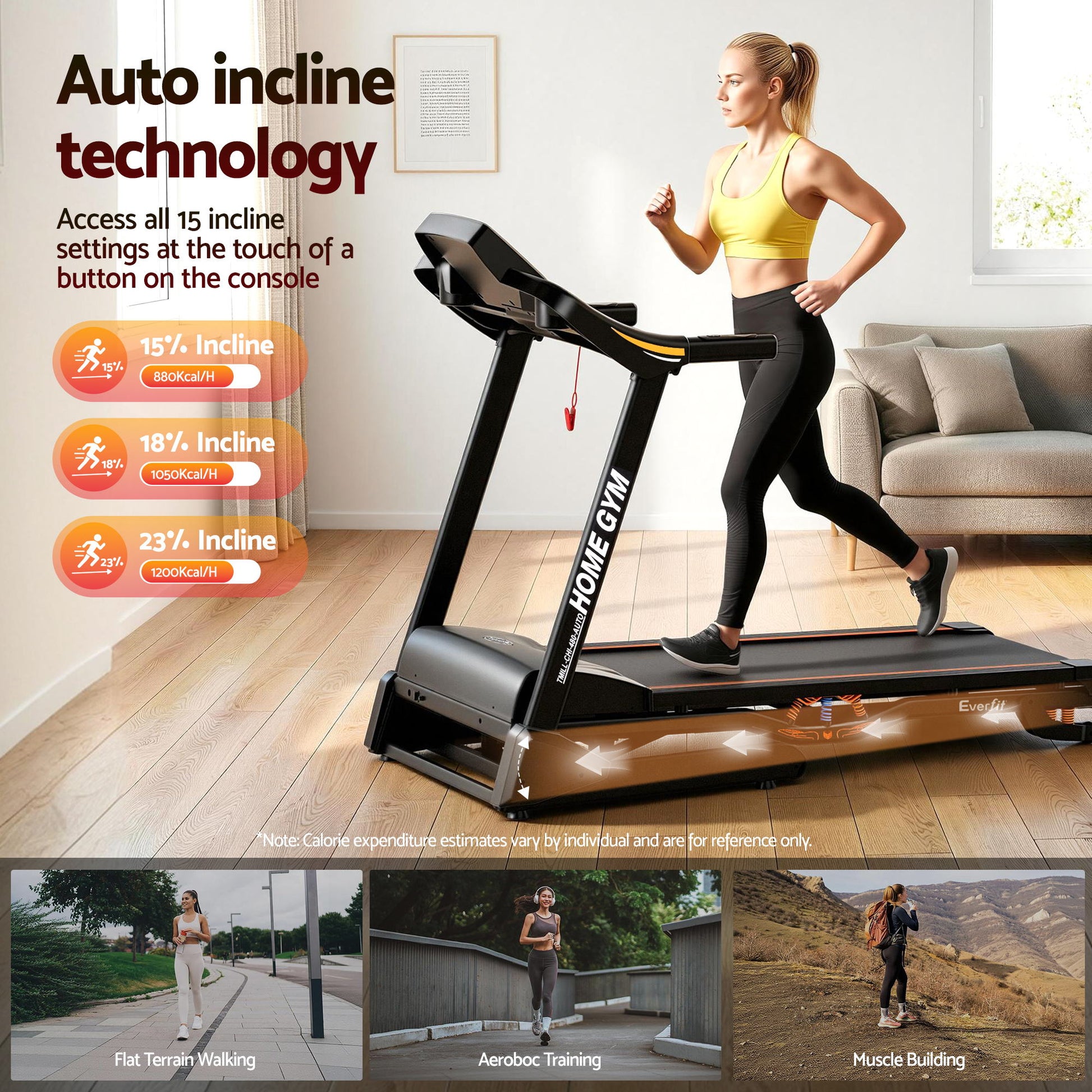 Hlpmedical Everfit treadmill with electric auto incline for home gym workouts, featuring a 480mm wide running surface.