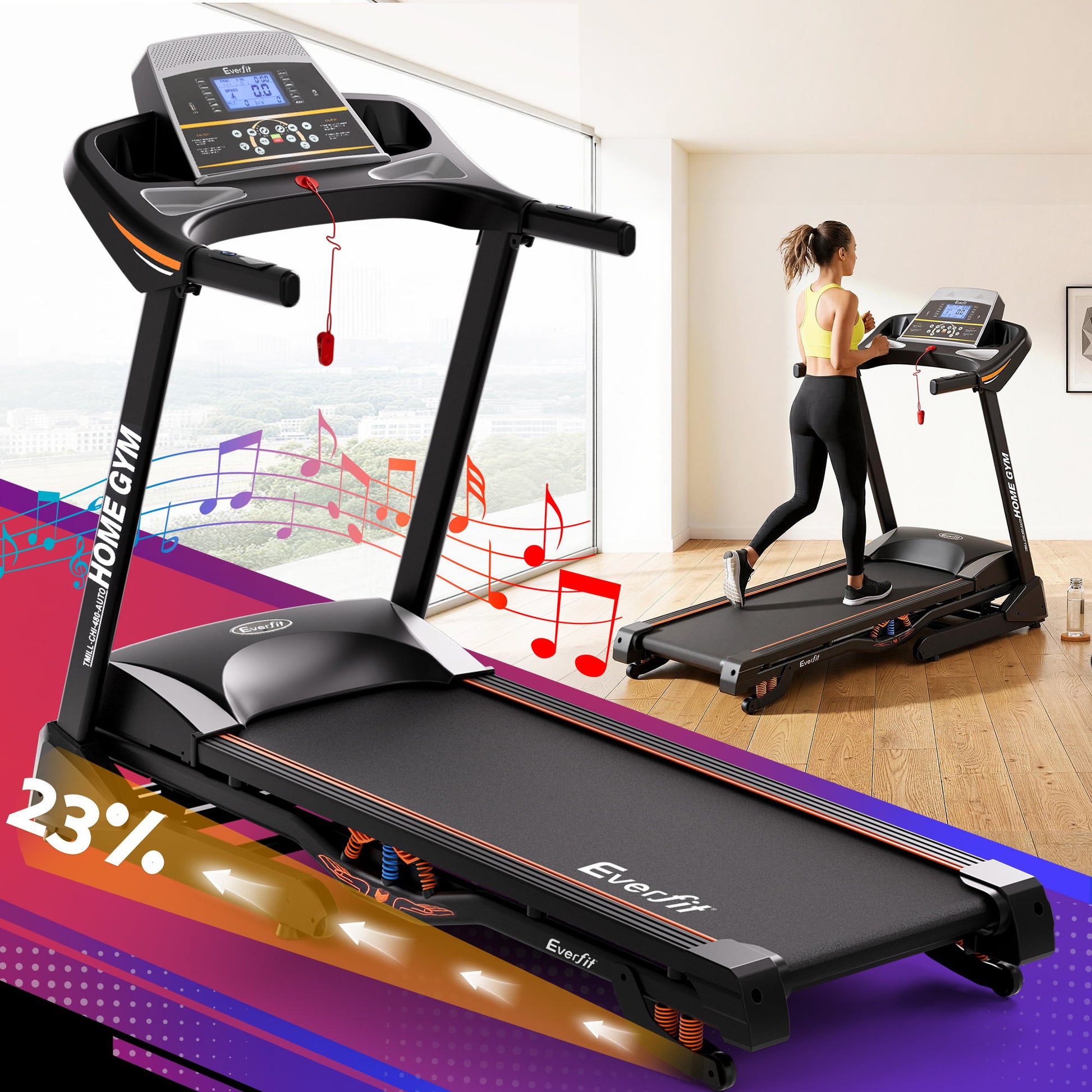 Hlpmedical Everfit electric treadmill with auto incline for home gym fitness, showing running surface and control panel.