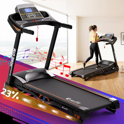 Hlpmedical Everfit electric treadmill with auto incline for home gym fitness, showing running surface and control panel.