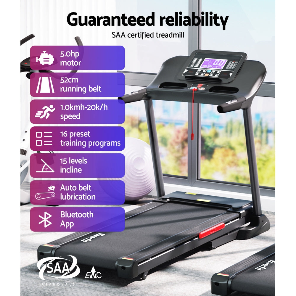 Everfit electric treadmill with auto incline, home gym fitness exercise machine by Hlpmedical, 520mm width for cardio workouts.