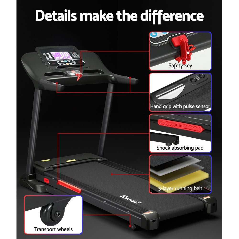 Hlpmedical Everfit electric treadmill with auto incline, home gym fitness exercise machine, 520mm deck width for cardio workouts.