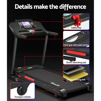 Hlpmedical Everfit electric treadmill with auto incline, home gym fitness exercise machine, 520mm deck width for cardio workouts.