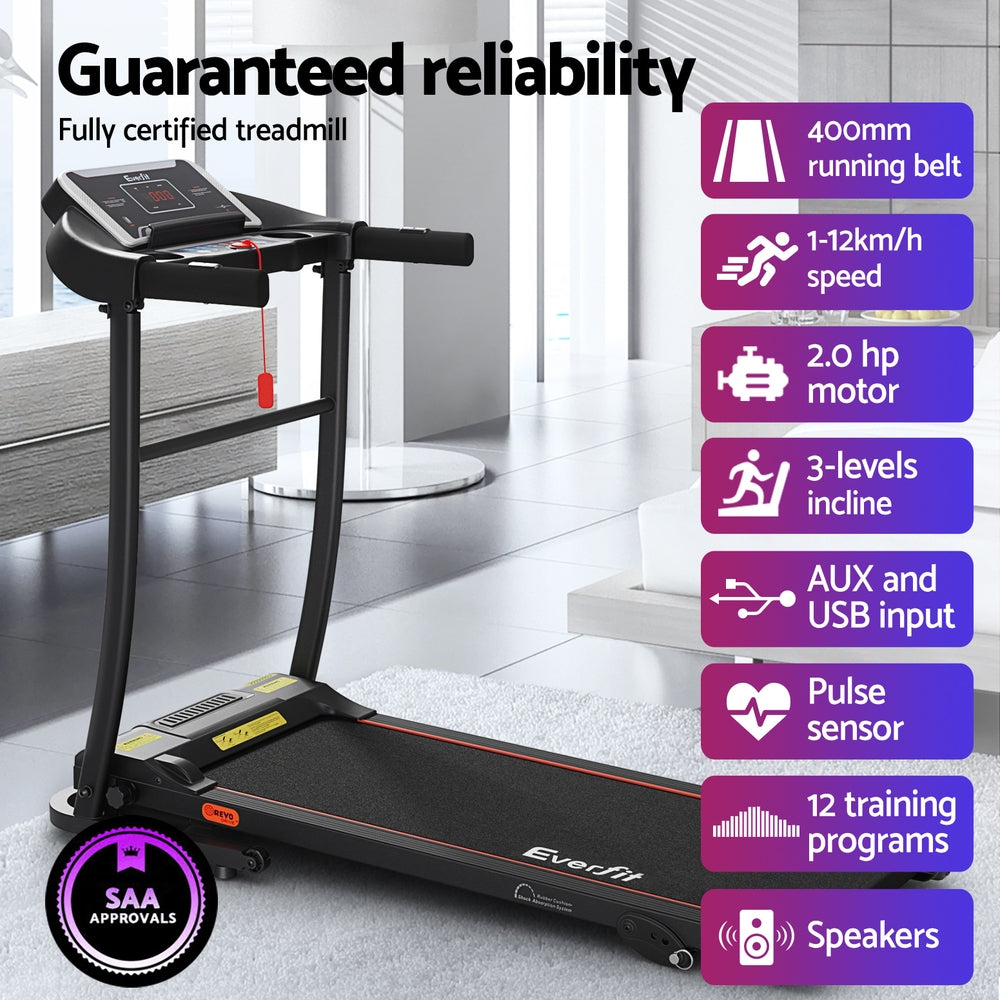 Hlpmedical Everfit electric treadmill for home gym, showing incline feature and 400mm belt width for fitness exercise.