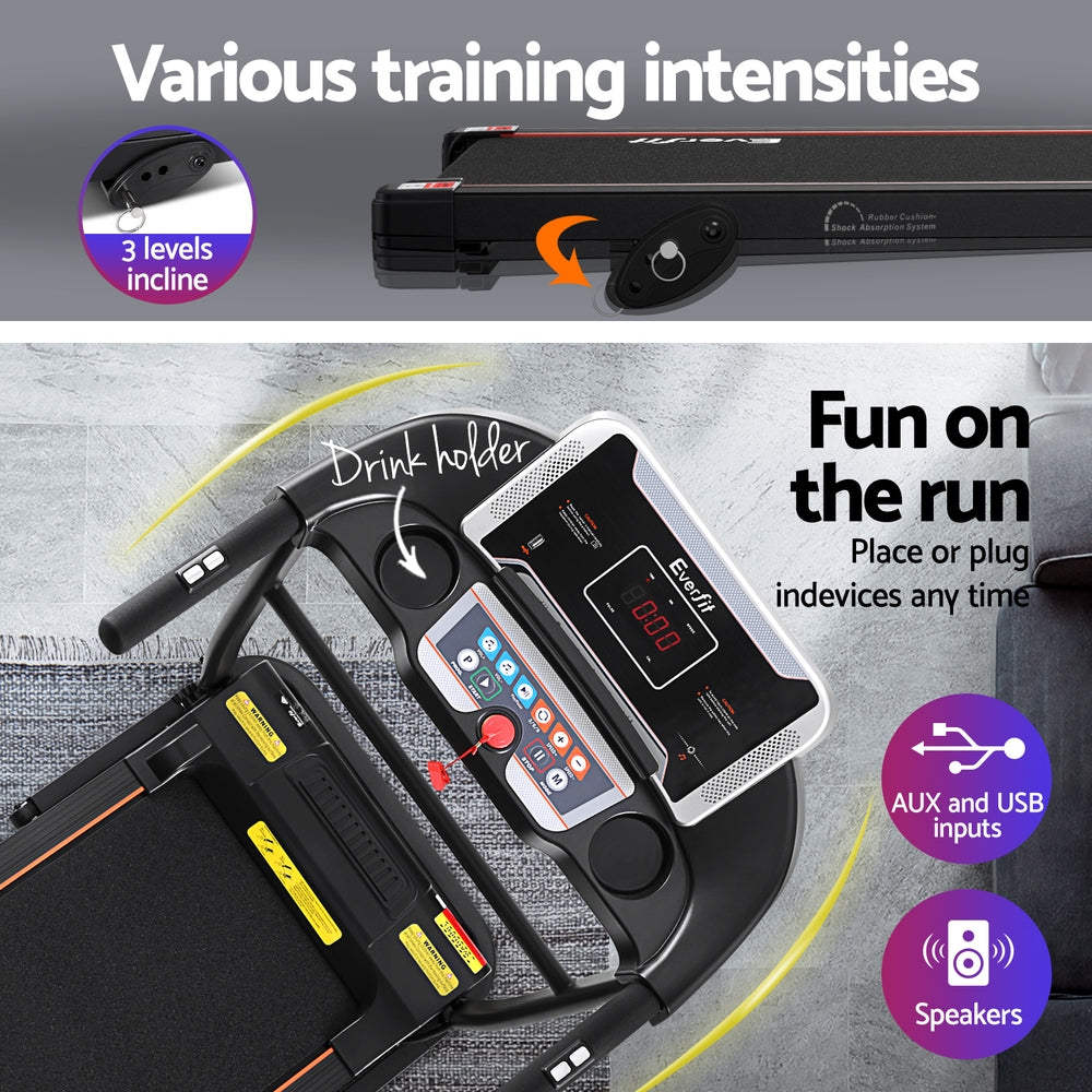 Hlpmedical Everfit electric treadmill for home gym, featuring incline and 400mm running surface for fitness exercise.