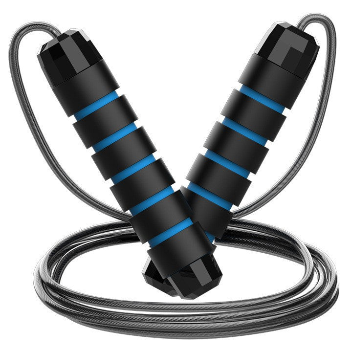 Set of five black-blue adjustable steel wire speed jump ropes with ball bearings for cardio, boxing, and fitness training.