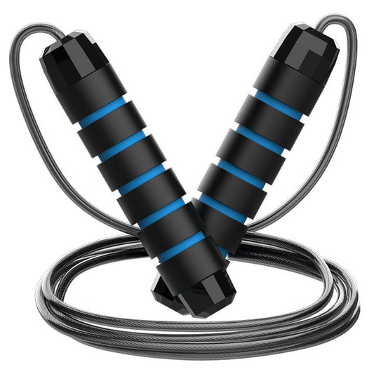 Set of five black-blue adjustable steel wire speed jump ropes with ball bearings for cardio, boxing, and fitness training.