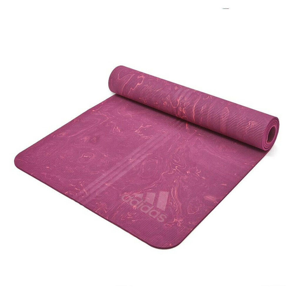 Adidas Premium 5mm camo yoga mat in Power Berry color, designed for home gym, exercise, and fitness workouts.