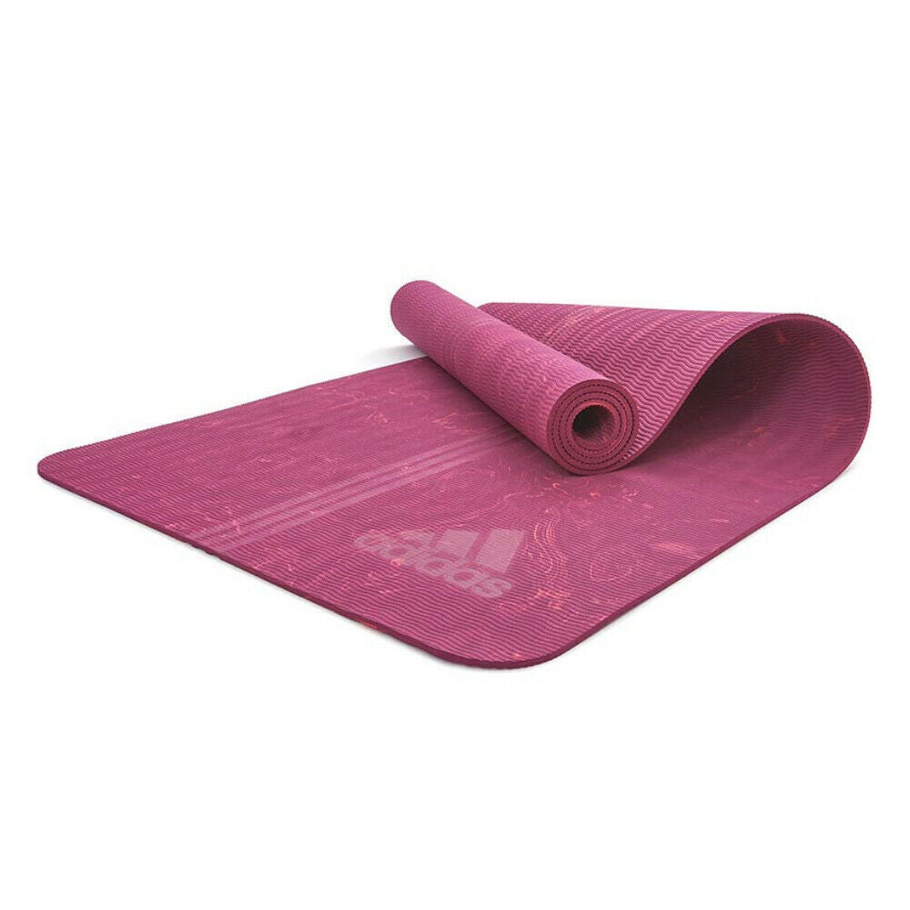 Adidas premium 5mm camo yoga mat in Power Berry color, ideal for home gym, exercise, and fitness workouts.