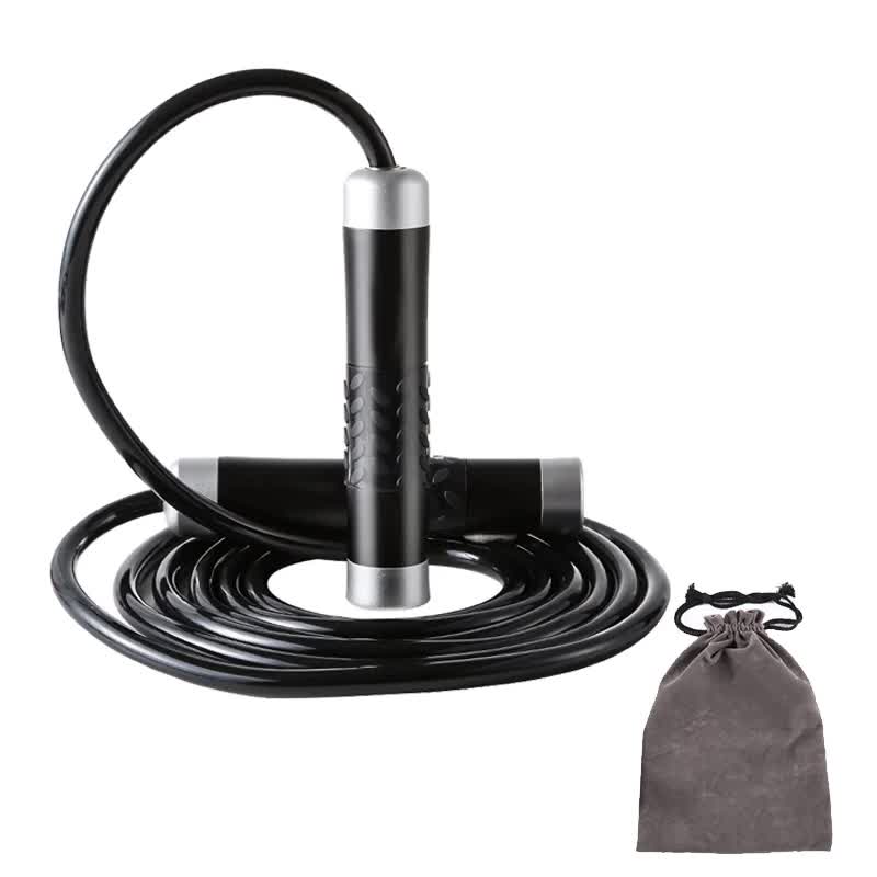 Black weighted jump rope with thick 9mm cable for intense fitness, strength, and cardio workouts, ideal for gym and sports training.