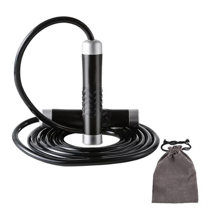 Black weighted jump rope with thick 9mm cable for intense fitness, strength, and cardio workouts, ideal for gym and sports training.