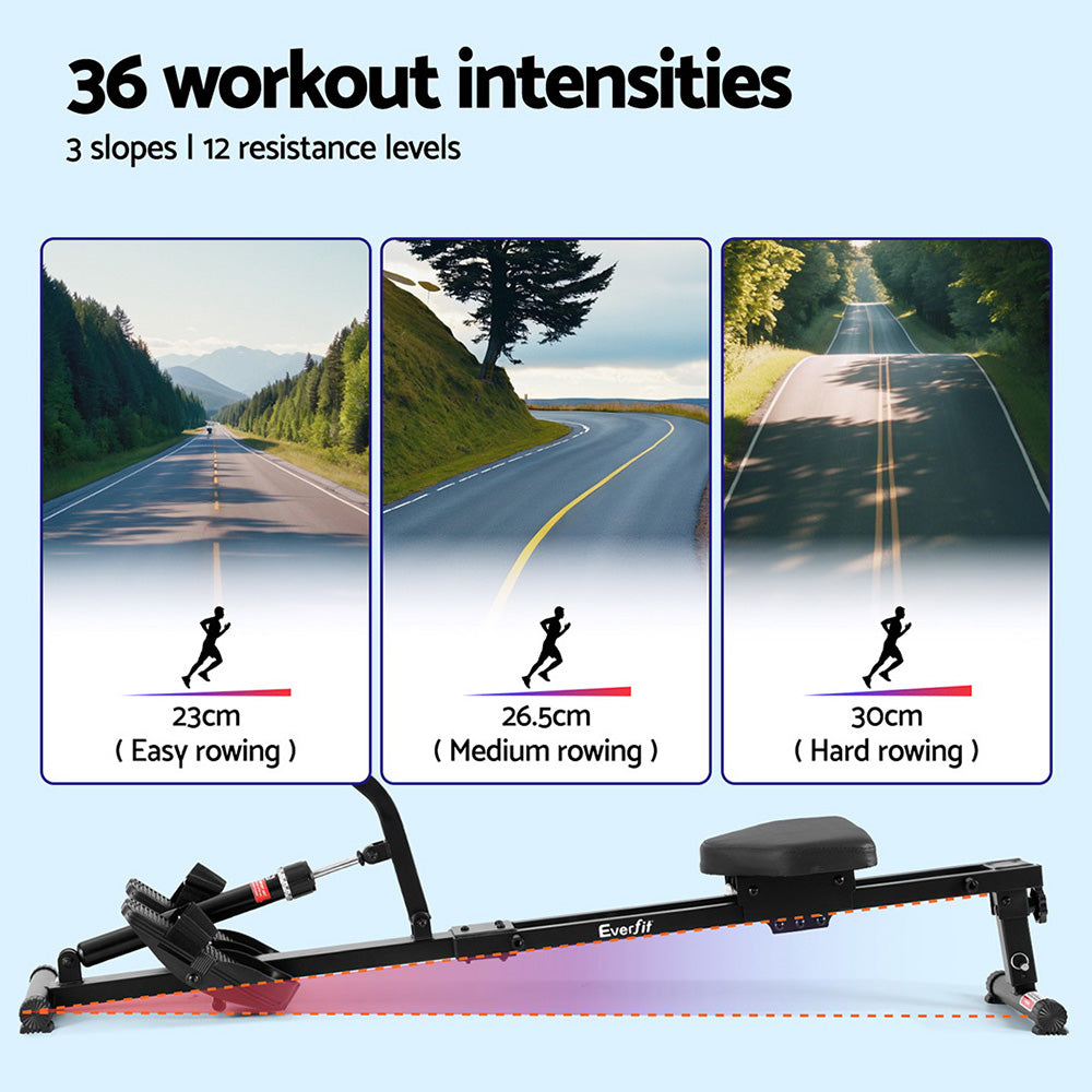 Everfit hydraulic rowing machine by Hlpmedical with 12 resistance levels for full-body cardio and strength exercise at home gym