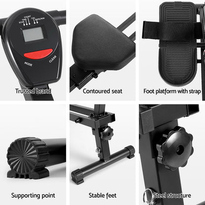 Everfit hydraulic rowing machine by Hlpmedical with 12 resistance levels for cardio and strength exercise in a gym setting.
