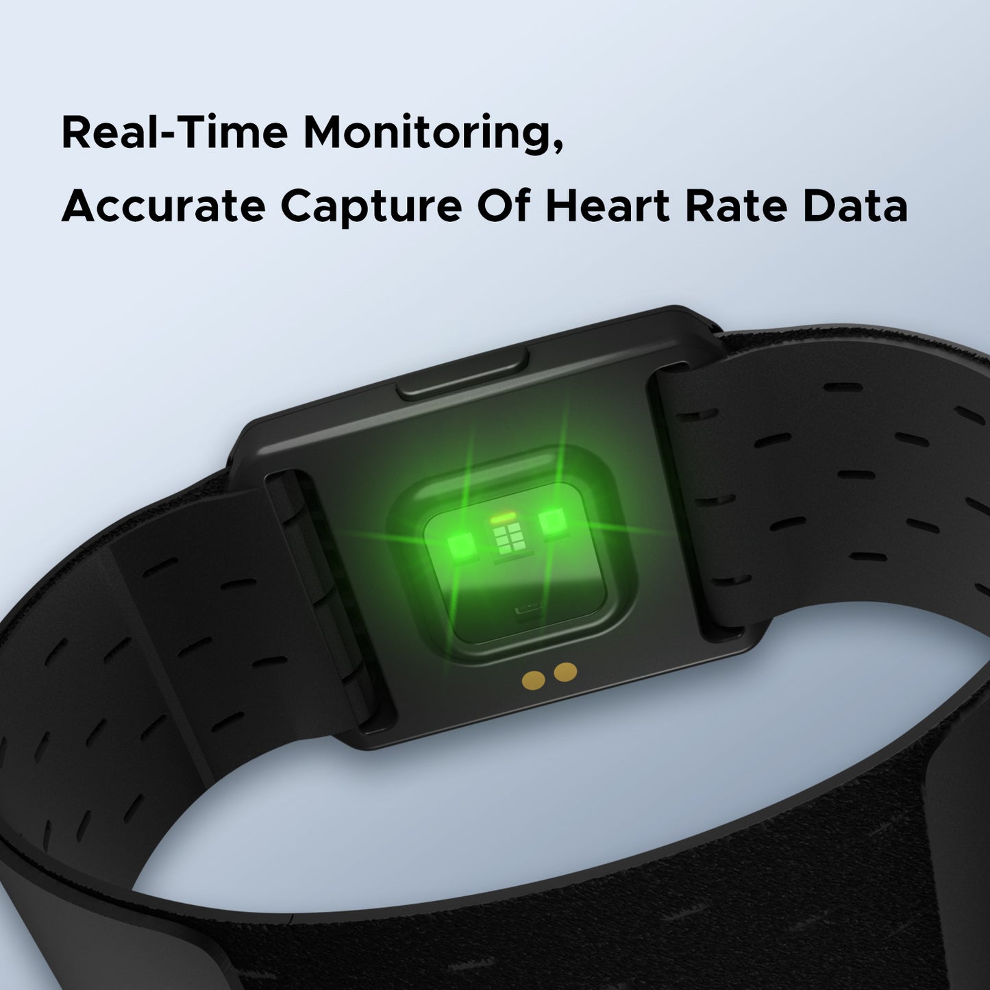 Black Hlpmedical optical armband heart rate monitor with Bluetooth and ANT+ for fitness training, IP67 waterproof, wearable gym accessory.