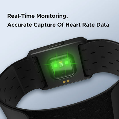 Black Hlpmedical optical armband heart rate monitor with Bluetooth and ANT+ for fitness training, IP67 waterproof, wearable gym accessory.
