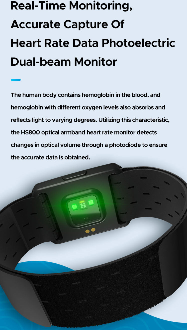 Black Hlpmedical optical armband heart rate monitor with Bluetooth and ANT+, IP67 waterproof for fitness training and exercise.